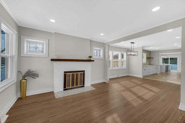 unfurnished living room with a fireplace, wood finished floors, and a healthy amount of sunlight
