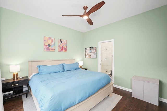 1730 W Diversey Pkwy Unit 1E, Chicago, IL 60614 - bedroom with wood finished floors, baseboards, ceiling fan, and ensuite bathroom