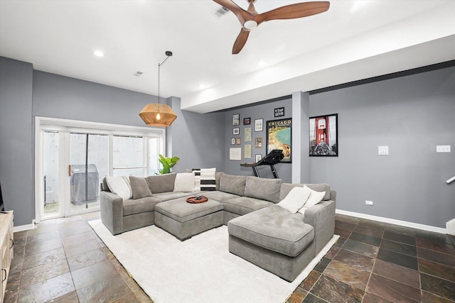 1730 W Diversey Pkwy Unit 1E, Chicago, IL 60614 - living room with stone tile floors, baseboards, a ceiling fan, and recessed lighting