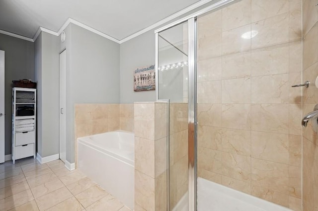 201 N Westshore Dr Unit 1207, Chicago, IL 60601 - bathroom featuring a garden tub, ornamental molding, tile patterned flooring, baseboards, and a shower stall