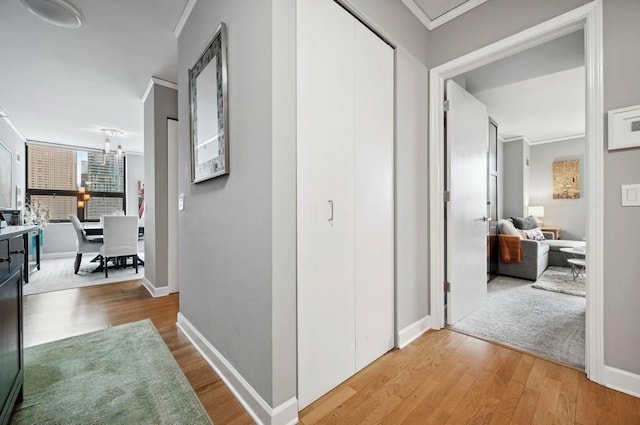 hallway featuring baseboards, ornamental molding, and wood finished floors