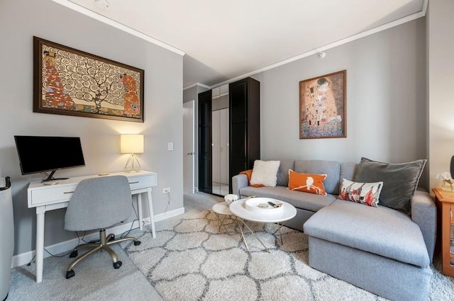 carpeted home office with crown molding and baseboards
