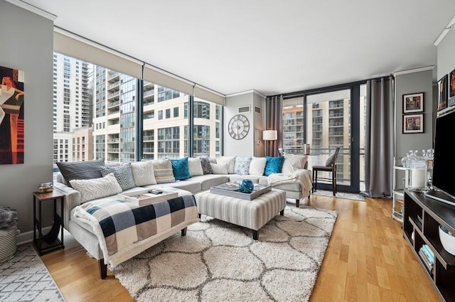 living room featuring expansive windows and light wood-style floors