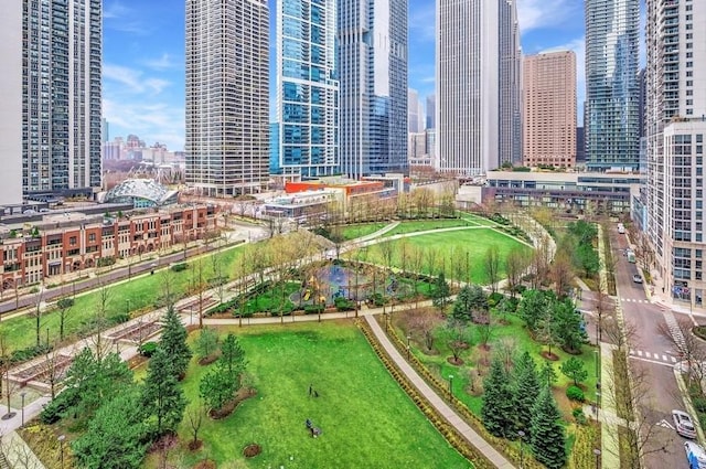 drone / aerial view with a city view