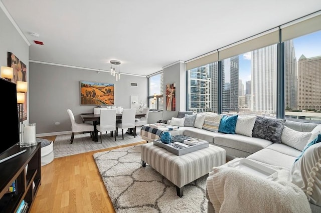 living room with crown molding, light wood-style floors, baseboards, a city view, and expansive windows