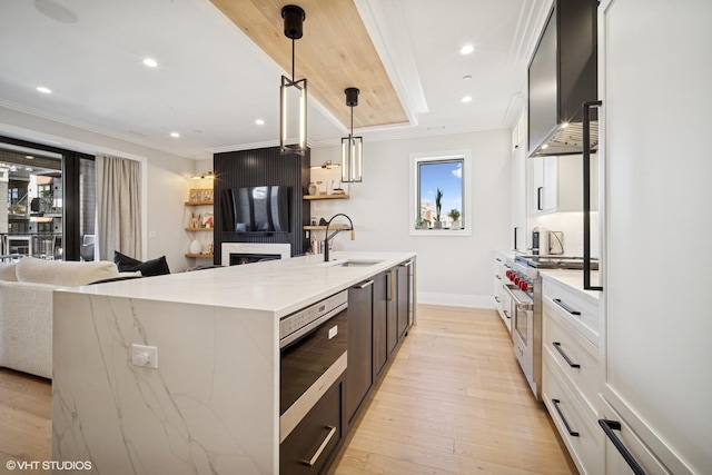 kitchen featuring crown molding, wall chimney exhaust hood, a sink, and high end stainless steel range oven