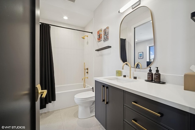 full bathroom featuring toilet, tile patterned floors, shower / bathtub combination with curtain, and vanity
