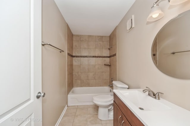 full bath featuring toilet, washtub / shower combination, tile patterned flooring, and vanity