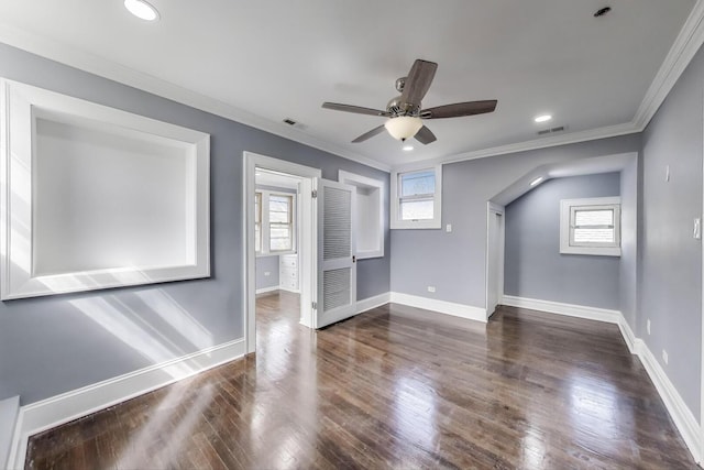 bonus room with baseboards, dark wood-style floors, ceiling fan, and recessed lighting