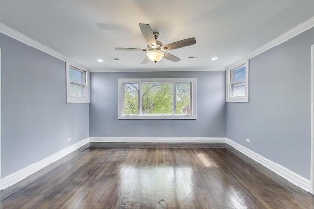 unfurnished room featuring ornamental molding, baseboards, plenty of natural light, a ceiling fan, and recessed lighting