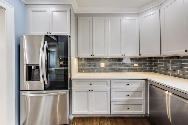 kitchen with stainless steel appliances, tasteful backsplash, crown molding, and light stone counters