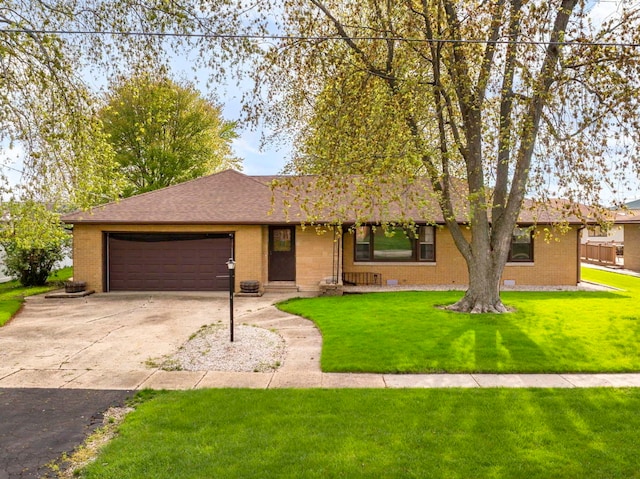 ranch-style house with a front yard, driveway, a garage, and brick siding