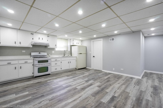 kitchen featuring light wood-type flooring, a sink, light countertops, under cabinet range hood, and white appliances