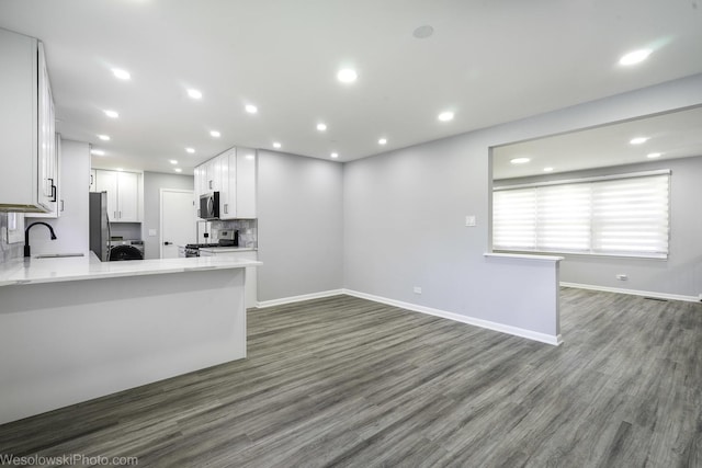 kitchen with a sink, dark wood finished floors, a peninsula, and stainless steel appliances