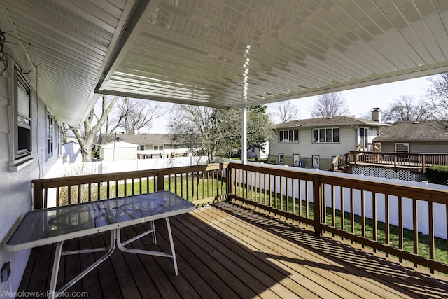 wooden terrace featuring fence and a residential view
