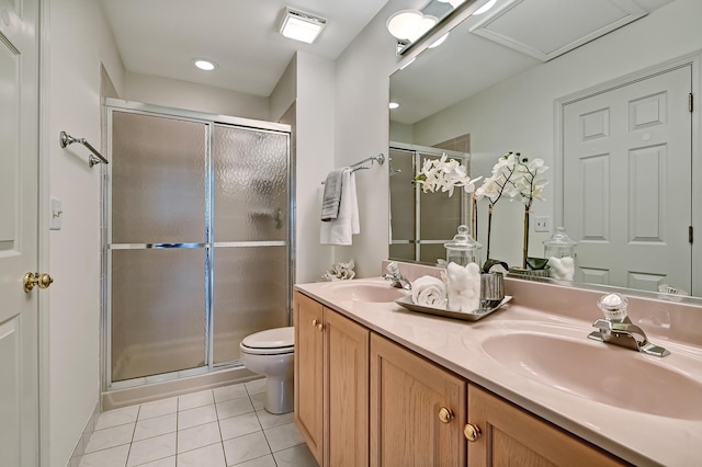 64 Huntington Ct, Burr Ridge, IL 60527 - full bath featuring tile patterned flooring, a stall shower, double vanity, toilet, and recessed lighting