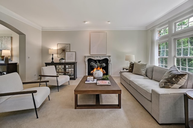 64 Huntington Ct, Burr Ridge, IL 60527 - living room with ornamental molding, light colored carpet, a premium fireplace, arched walkways, and baseboards