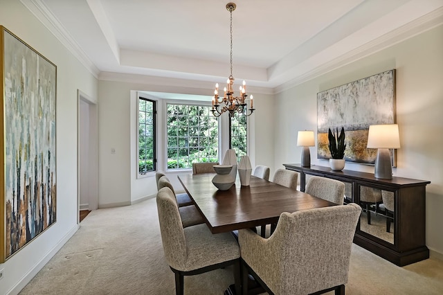 64 Huntington Ct, Burr Ridge, IL 60527 - dining space with light carpet, a chandelier, a raised ceiling, baseboards, and crown molding