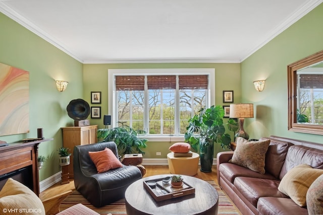 living area featuring ornamental molding, wood finished floors, and baseboards