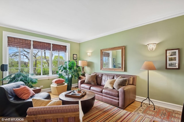 living room featuring ornamental molding, baseboards, and light wood-type flooring