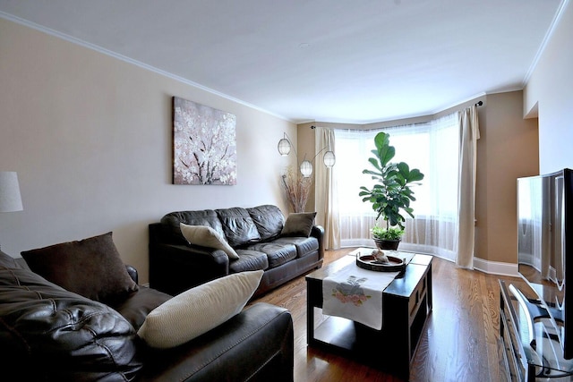 living room featuring crown molding, wood finished floors, and baseboards