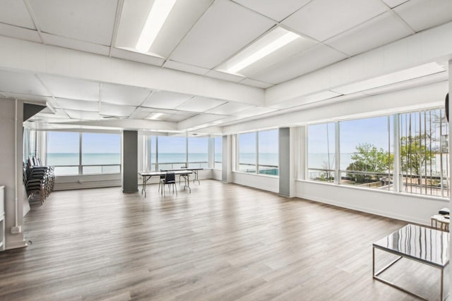 interior space featuring a water view