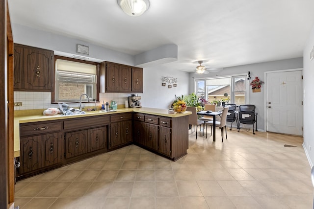 8515 S Kildare Ave, Chicago, IL 60652 - kitchen featuring dark brown cabinets, light countertops, a ceiling fan, a peninsula, and tasteful backsplash