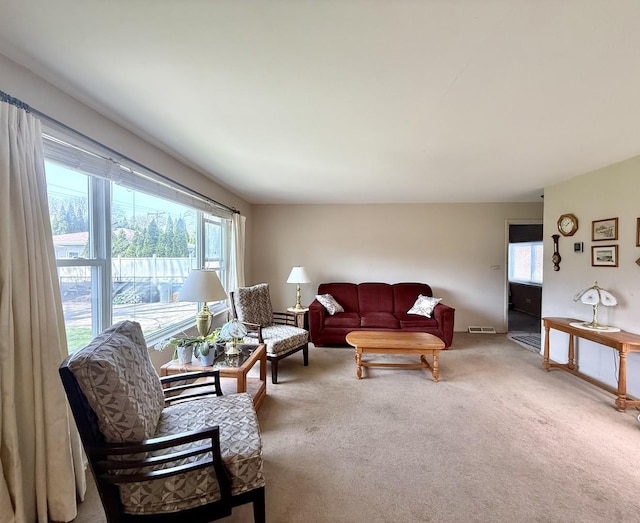 carpeted living area with visible vents