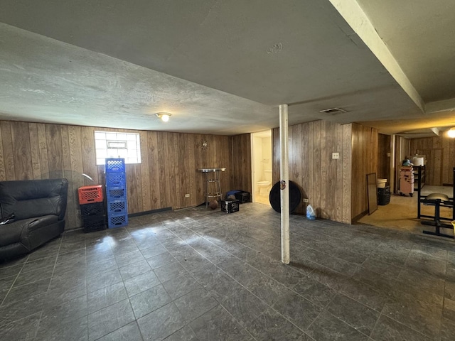 10434 S Green St, Chicago, IL 60643 - below grade area featuring a textured ceiling, visible vents, and wood walls