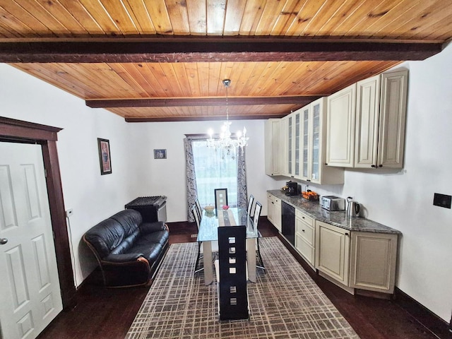 kitchen featuring dark countertops, a chandelier, black dishwasher, beamed ceiling, and wood ceiling