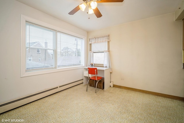 empty room featuring baseboards, a ceiling fan, and a baseboard heating unit