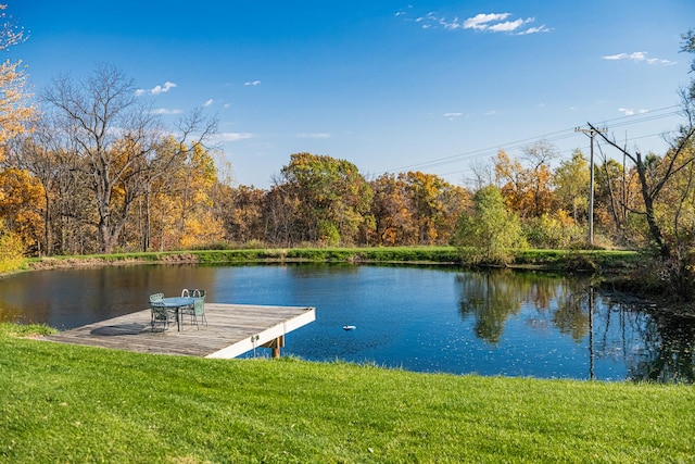 dock area with a water view and a yard