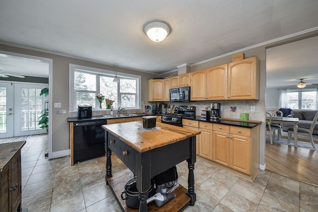 2N252 Diane Ave, Glen Ellyn, IL 60137 - kitchen featuring black appliances, ceiling fan, ornamental molding, a sink, and backsplash