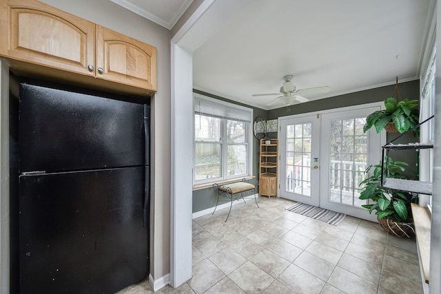 2N252 Diane Ave, Glen Ellyn, IL 60137 - kitchen featuring a ceiling fan, freestanding refrigerator, crown molding, baseboards, and light brown cabinets
