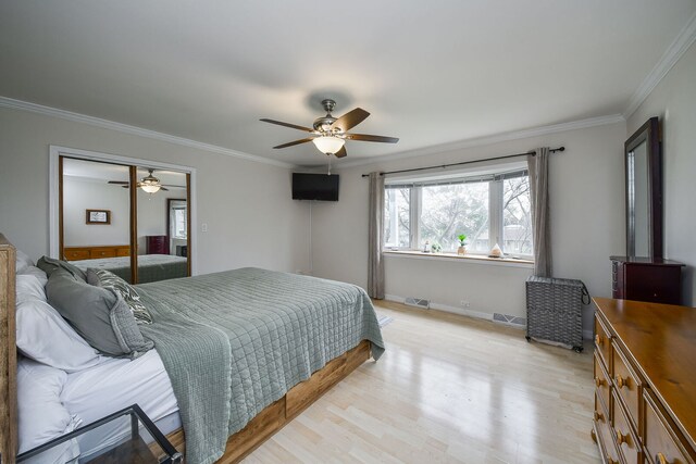2N252 Diane Ave, Glen Ellyn, IL 60137 - bedroom featuring ornamental molding, light wood-type flooring, a closet, a ceiling fan, and baseboards