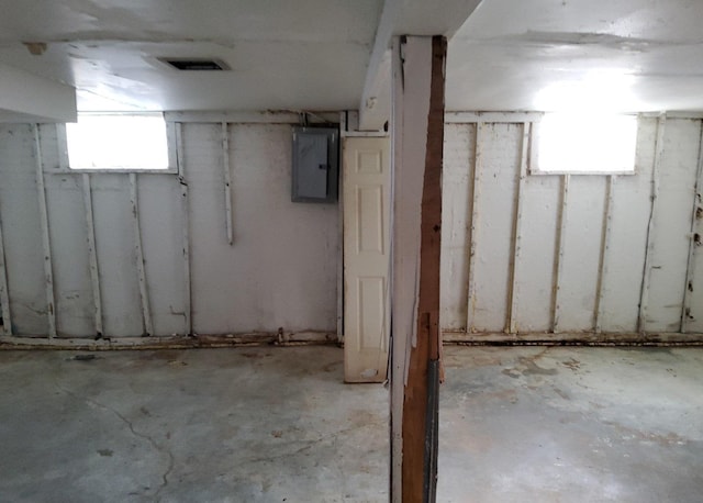 basement featuring visible vents and electric panel