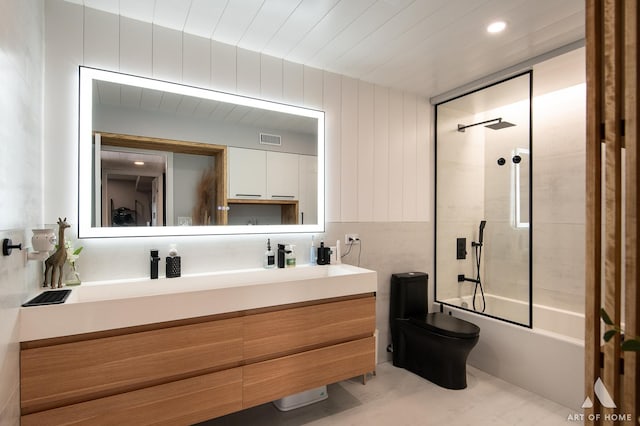 bathroom with visible vents, shower / washtub combination, vanity, toilet, and recessed lighting