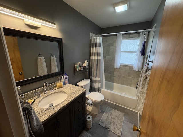 bathroom with vanity, toilet, and shower / tub combo with curtain