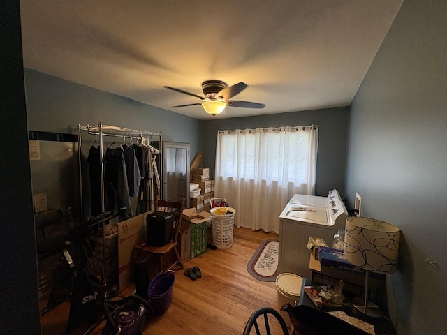 bedroom featuring ceiling fan and light wood finished floors