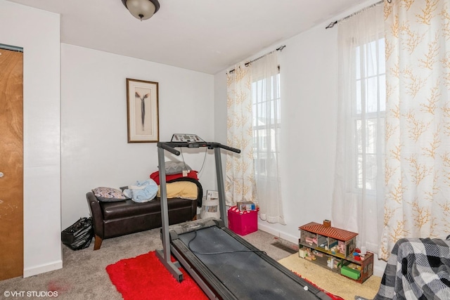 workout area featuring baseboards, a healthy amount of sunlight, and carpet floors