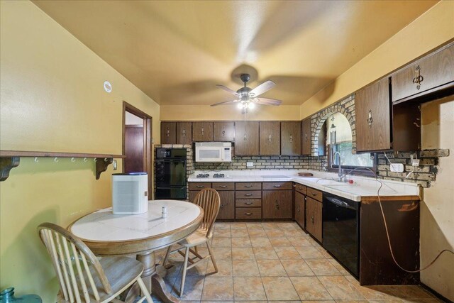 1N721 Neltnor Blvd, West Chicago, IL 60185 - kitchen with black appliances, light countertops, backsplash, a sink, and a ceiling fan