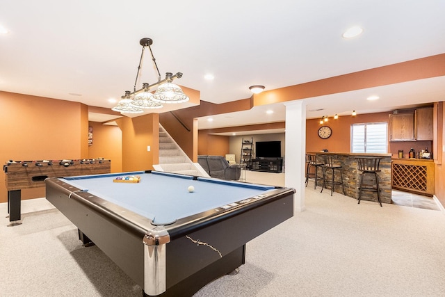 game room featuring recessed lighting, light colored carpet, billiards, and a bar
