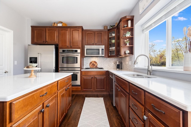 kitchen with a sink, dark wood-style flooring, appliances with stainless steel finishes, and a wealth of natural light