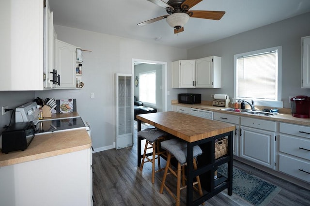 kitchen featuring plenty of natural light, electric range, a sink, black microwave, and a heating unit