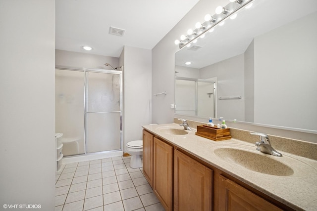 full bath with toilet, tile patterned floors, a shower stall, and a sink