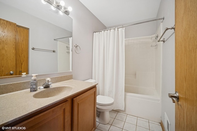 full bath with toilet, shower / tub combo with curtain, tile patterned flooring, and vanity