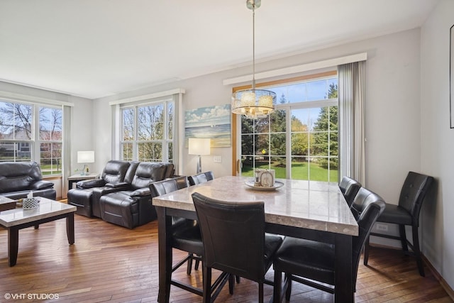 dining room with wood-type flooring and a notable chandelier