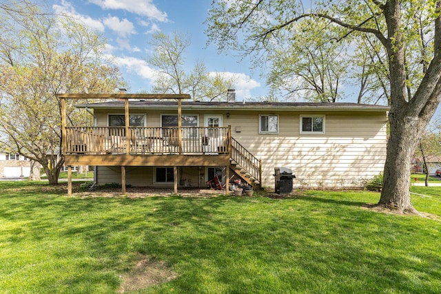 back of property featuring a yard, a wooden deck, a chimney, and stairs