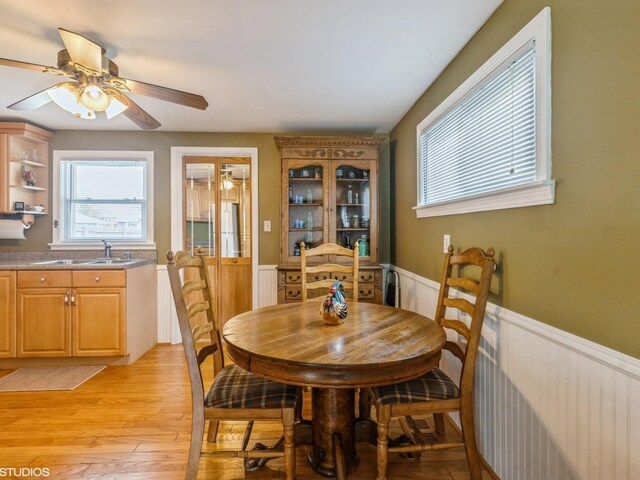 dining space featuring ceiling fan, light wood finished floors, and a wainscoted wall
