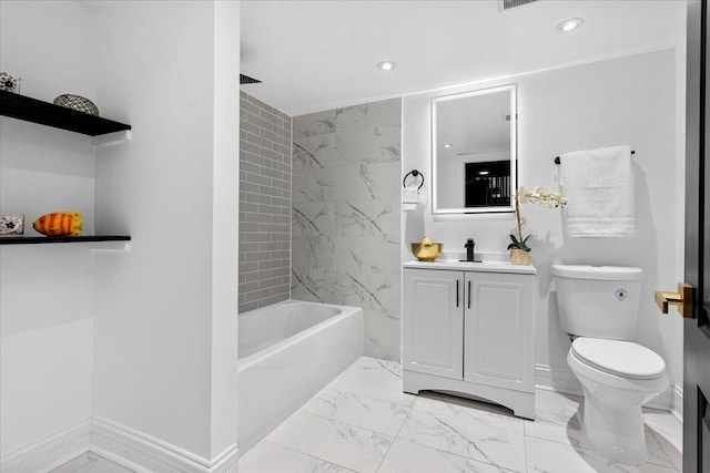 bathroom with baseboards, recessed lighting, toilet, and marble finish floor